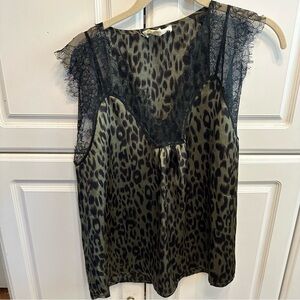 Love Stitch Olive Green and Black Leopard Print Lace Trim Blouse